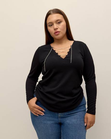 Black Laced V-Neck Knit Top with Rhinestone Cord - Addition Elle