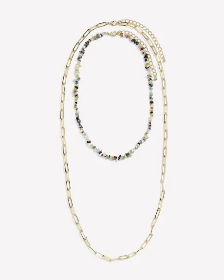 Short Golden Necklace, Oval Link & Stone, Set of 2