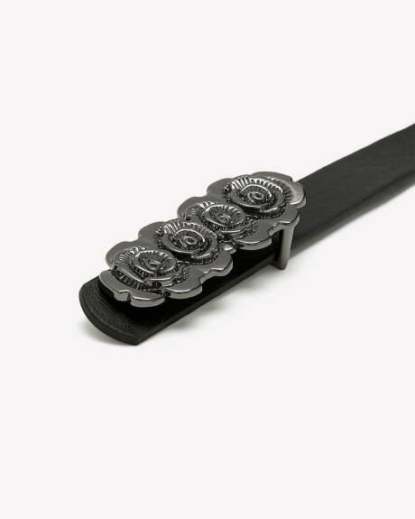 Skinny Black Belt with Flower Shaped Buckle