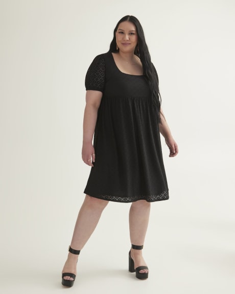 Eyelet Knit Dress with Balloon Sleeves