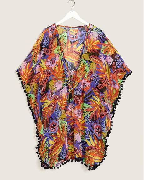 Robe caftan cache-maillot en chiffon, motif tropical - Bleu Rod Beattie
