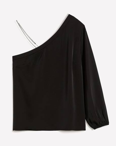 Black Off-Shoulder Satin Blouse with Rhinestones Strap - Addition Elle