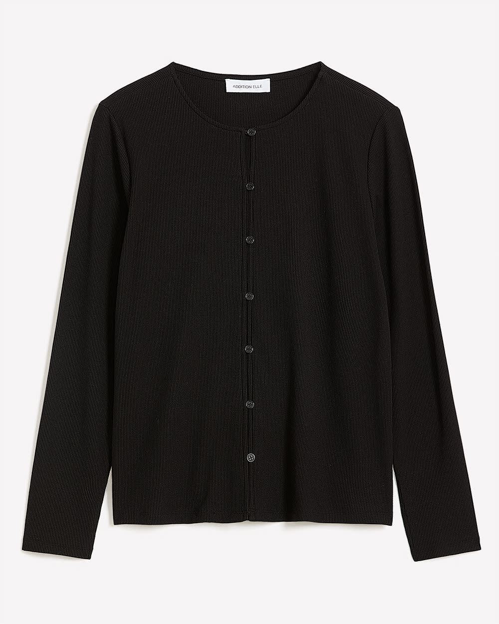 Black Buttoned-Down Ribbed Knit Short Cardigan - Addition Elle