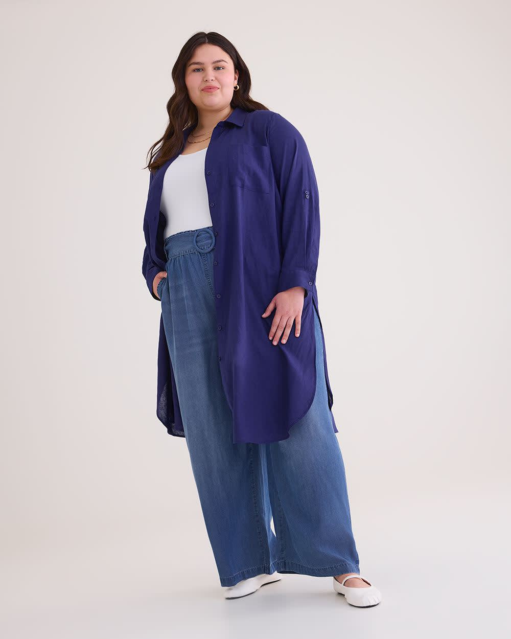 Linen Blend Buttoned-Down Tunic with Long Roll-Up Sleeves