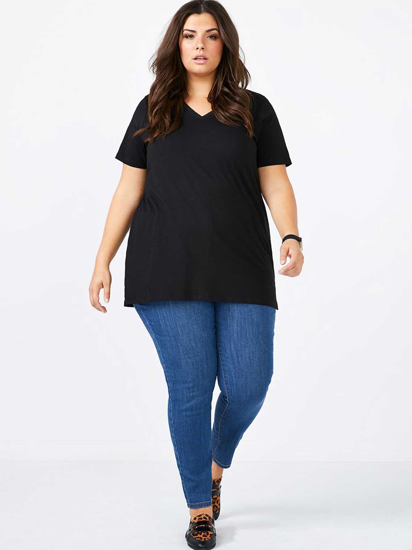 Girlfriend Fit Basic V-Neck Cotton T-Shirt | Penningtons
