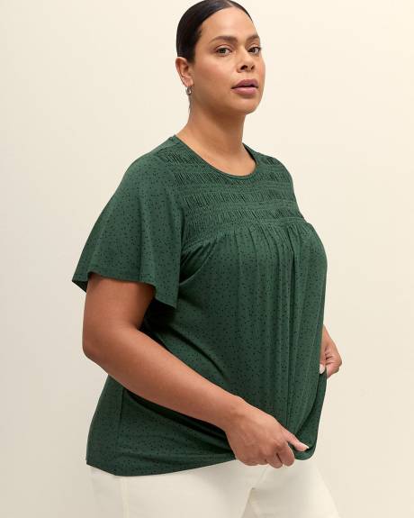 Flutter-Sleeve Knit Top with Smocked Detail