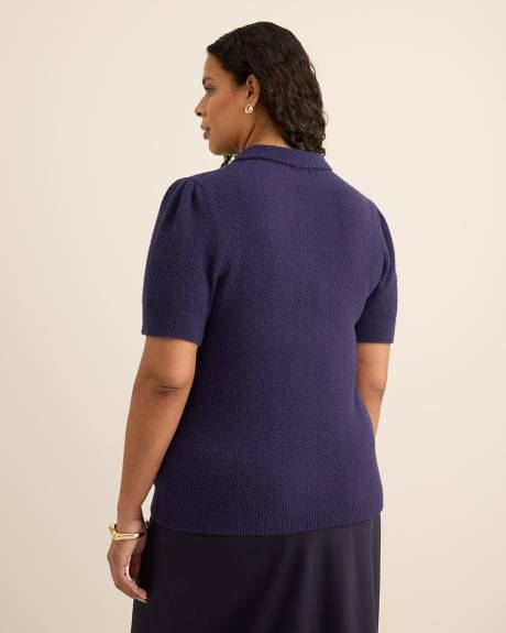 Plush Short-Sleeve Polo Sweater with Fancy Buttons