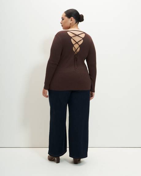 Ribbed Lace-Up Back Sweater - Addition Elle