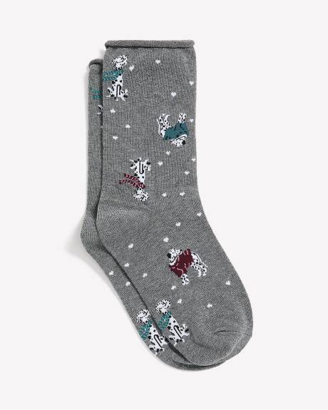 Grey Rolled-Edge Crew Socks with Dalmatian Print