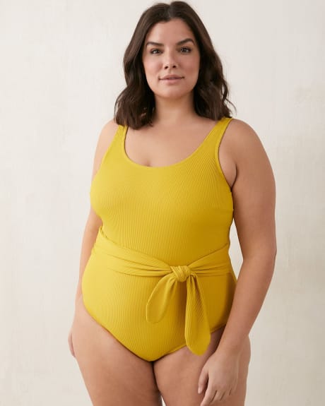 Ribbed One-Piece Swimsuit with Tie Waist