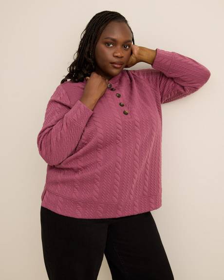 Long-Sleeve Cable Knit Buttoned Crewneck Top Long-Sleeve Cable Knit Buttoned Crewneck Top