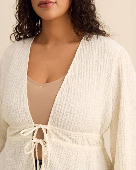 Textured Front-Tie Long-Sleeve Top