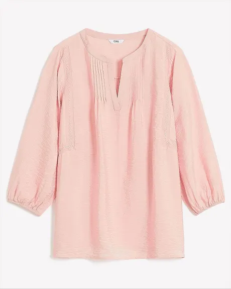 Responsible, 3/4-Sleeve Mao-Collar Blouse with Pintuck Details
