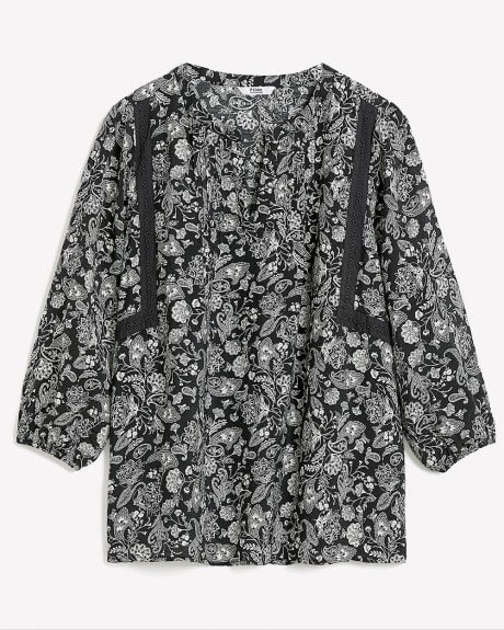 Responsible, 3/4-Sleeve Mao-Collar Blouse with Pintuck Details