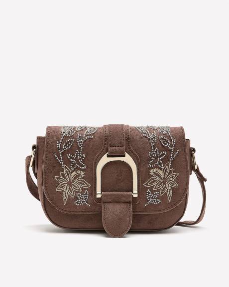 Brown Faux-Suede Embellished Handbag