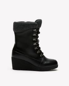 Extra Wide Width, Black Wedge Lace-Up Winter Boot with Knit Collar