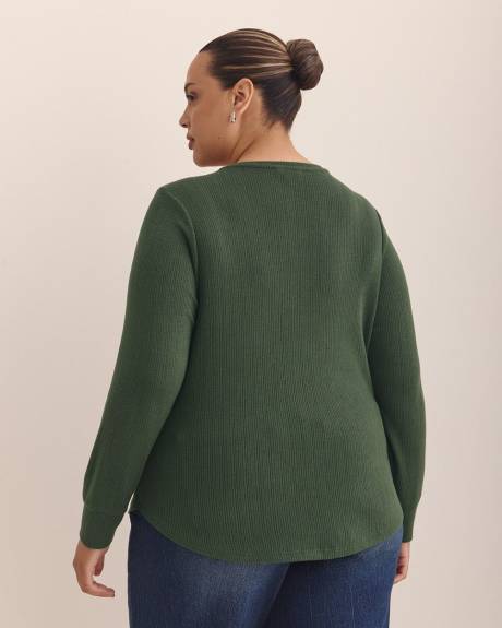 Long-Sleeve Pointelle Ribbed Knit Henley Top