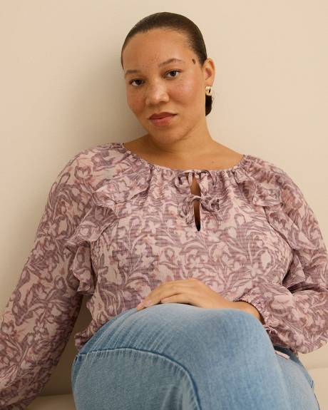 Blouse fleurie &agrave; volant avec cordon - Addition Elle