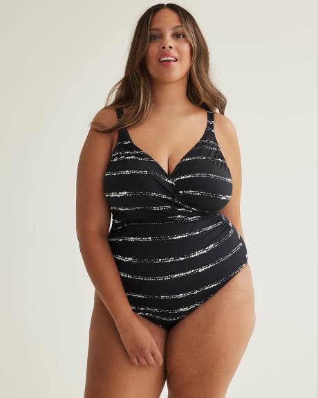 Maillot de bain une pièce à devant croisé, noir avec rayures pointillées