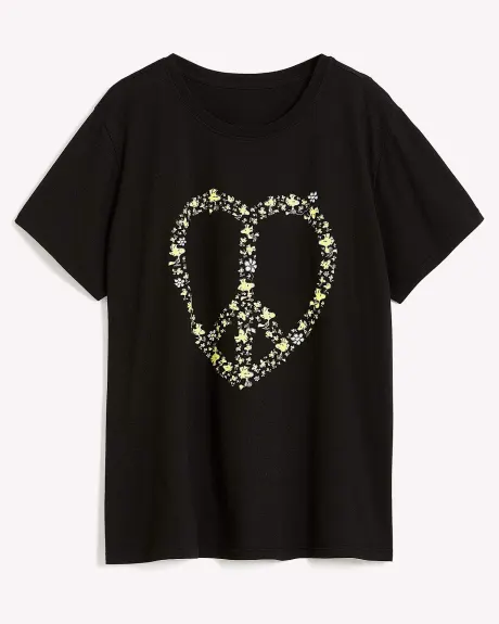 T-shirt à col rond avec imprimé coeur et paix