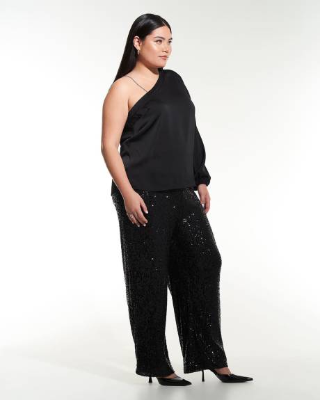 Black Off-Shoulder Satin Blouse with Rhinestones Strap - Addition Elle