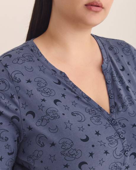 Long-Sleeve Sleep Henley Top with Smurf All-Over Print - ti Voglio