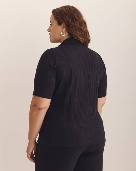 Ribbed Elbow-Sleeve Polo Knit Top