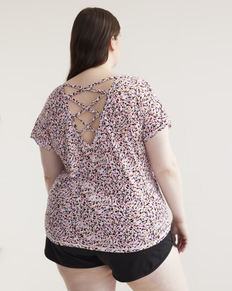 Printed Short-Sleeve Boat-Neck Top with Crisscross Back - Active Zone