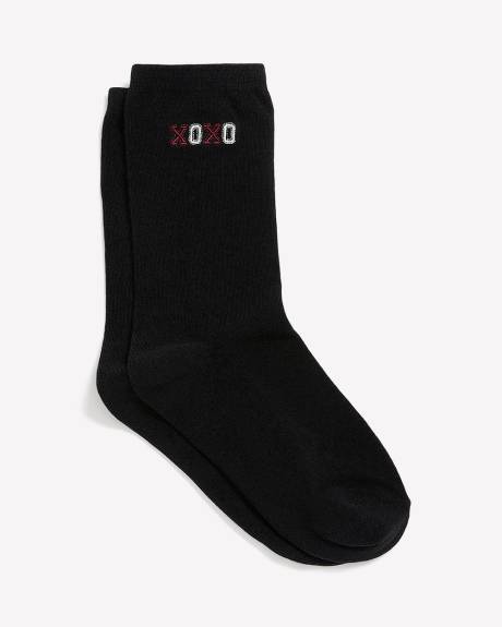 Black Crew Socks with XOXO Placement Print
