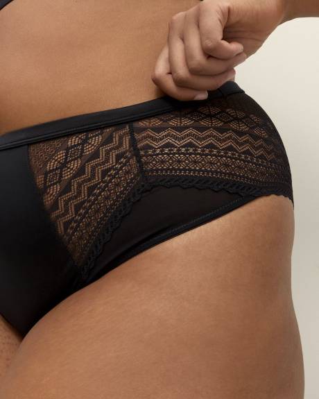 Black Satin Cheeky Brief with Lace and Mesh - Déesse Collection