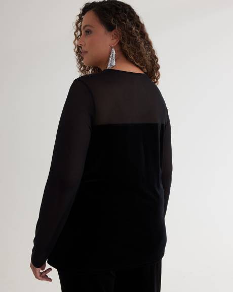 Black Mesh and Velvet Knit Top