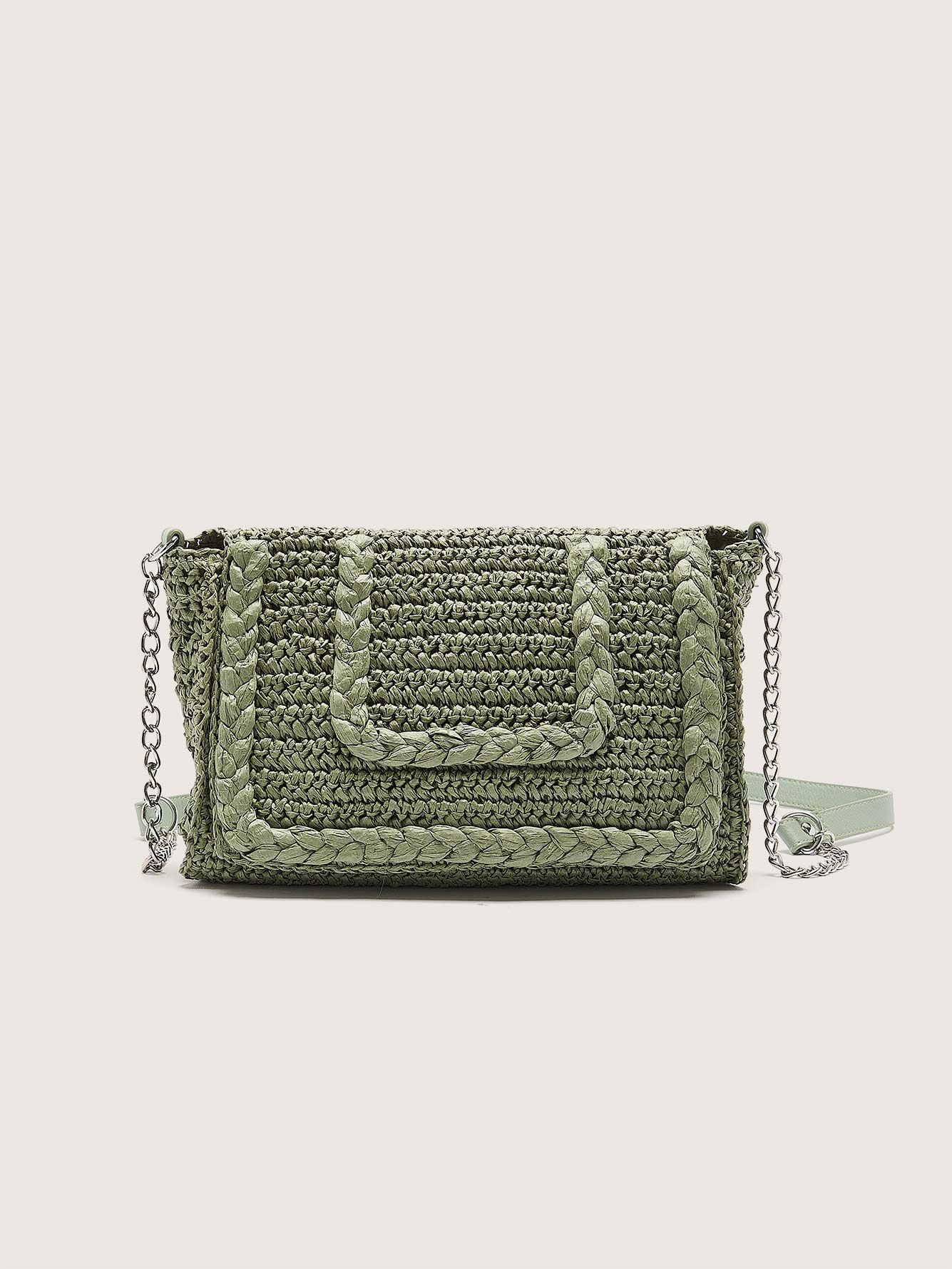 Olive Crossbody Straw Bag with Chain Strap - Addition Elle