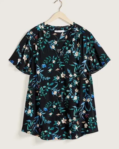Printed Short-Sleeve Tunic Shirt With Mandarin Collar - In Every Story