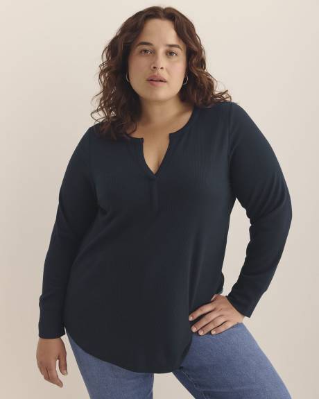 Long-Sleeve Split-Neck Waffle Knit Top