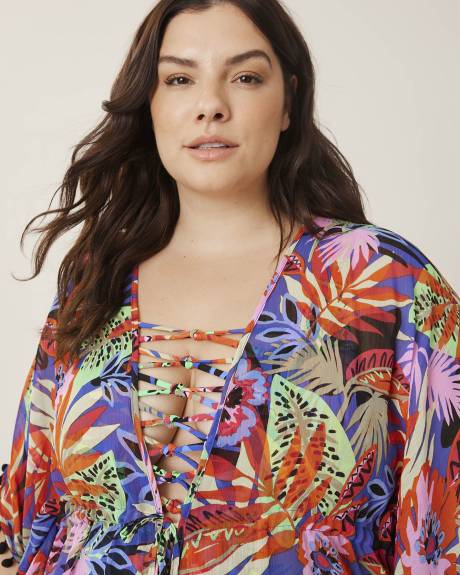 Robe caftan cache-maillot en chiffon, motif tropical - Bleu Rod Beattie