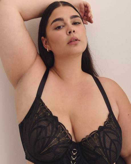 Sexy Underwire Black Embroidered Longline Balconette Bra - Déesse Collection