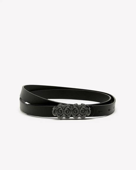Skinny Black Belt with Flower Shaped Buckle