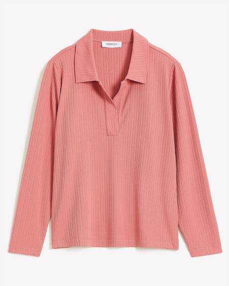 Ribbed Long-Sleeve Polo Knit Top - Addition Elle