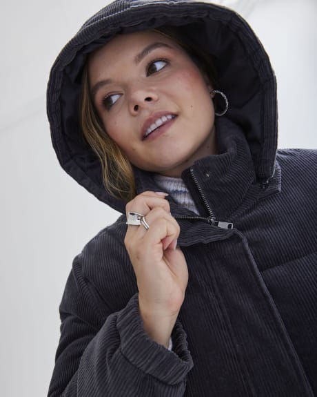 Corduroy Puffer Coat with Removable Hood - Addition Elle