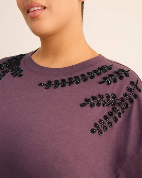 Crewneck Knit Top with Leaf Rhinestone Embellishment