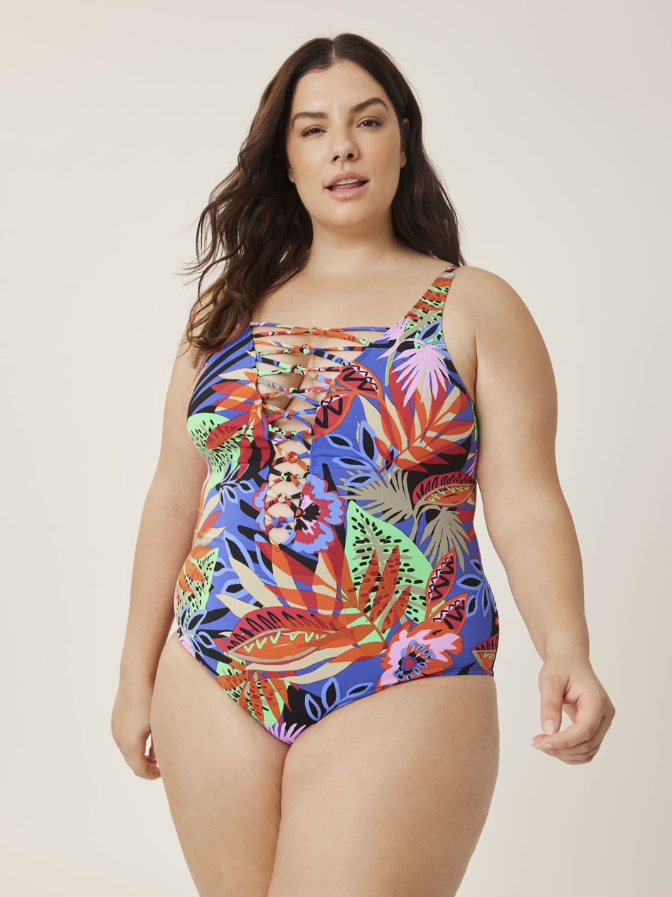 Tropical-Print Lace-Down One-Piece Swimsuit - Bleu Rod Beattie
