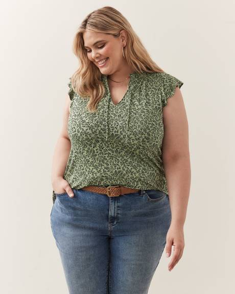 Responsible, Printed Flutter Sleeve Tunic with Smocked Neckline