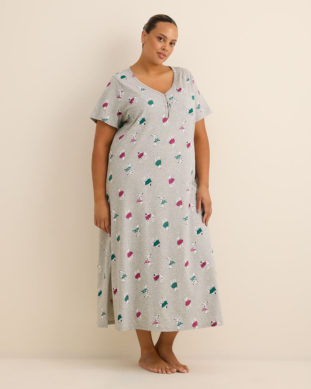 Long Grey Heather Knit Sleepshirt with Dalmatian Print - ti Voglio Long Grey Heather Knit Sleepshirt with Dalmatian Print - ti Voglio