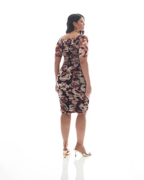 Floral Mesh Knit Bodycon Shirring Dress - Addition Elle