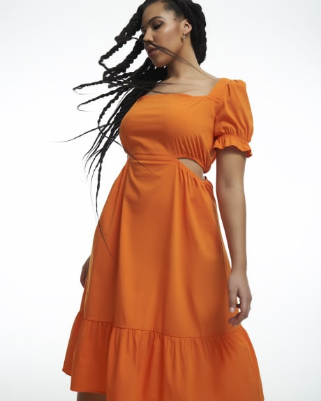 Puff-Sleeve Tiered Midi Dress with Waist Cut-Outs - Addition Elle
