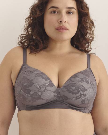 Grey Wireless Plunge Bra with Lace Cups - Déesse Collection