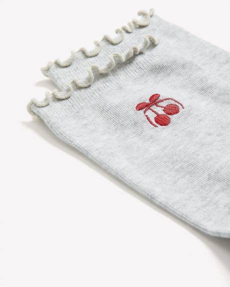Grey Lettuce-Edge Crew Socks with Cherry Embroidery
