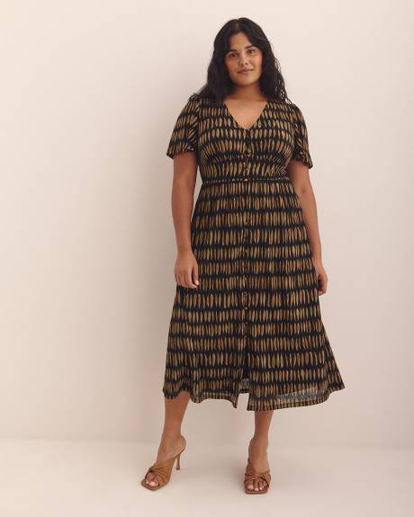 V-Neck Button Down with Flutter Sleeve Dress - Addition Elle