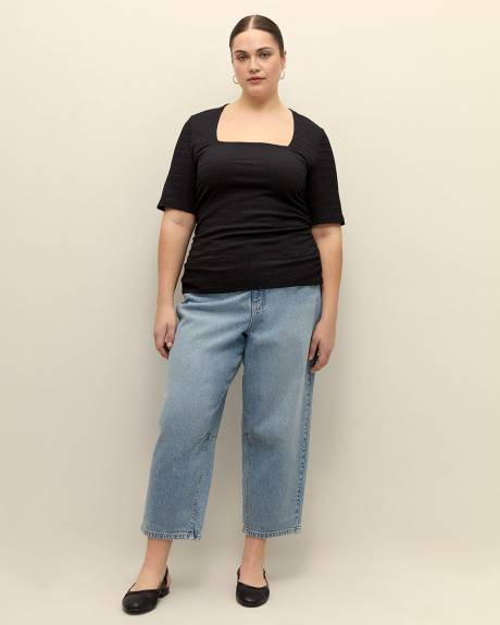 Square-Neckline Shirring Top with 3/4 Sleeves