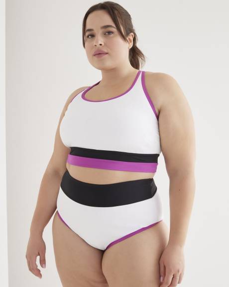 Ribbed Longline Colourblock Bikini Top, White - Active Zone